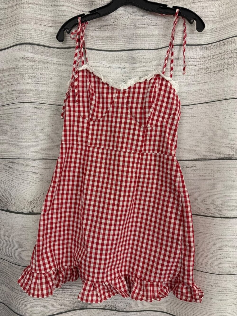 Red & White Gingham Smocked Tie-Strap Mini Dress Size L
